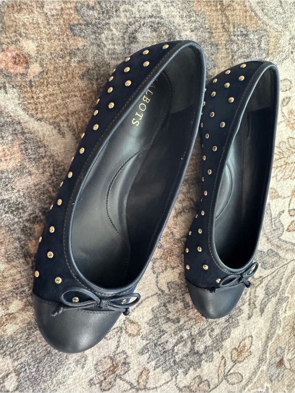 Talbots Navy Black Gold Studded Bow Ballet Flats
